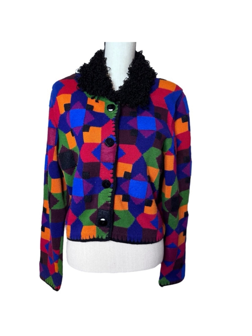Vintage Michael Simon 1995 Patchwork Knit Cardigan Sweater Wearable Art